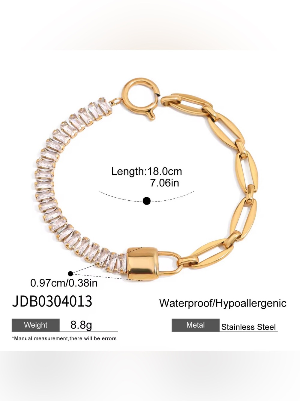 18K Gold Plated Baguette Crystal Paperclip Chain Bracelet - Picture 6 of 7